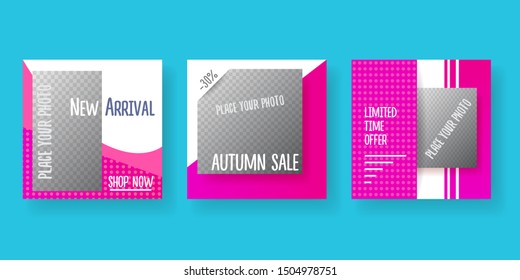 Trendy pink editable square posts with button and place for photo design template set. social media design collection.