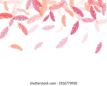 Trendy pink flamingo feathers vector background. Soft plumelet native indian ornament. Angel wing plumage concept. Detailed majestic feather on white design.