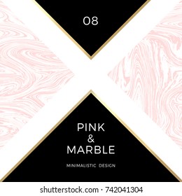 Trendy pink geometric card or flyer design wiht contrast shapes, marble texture, gold frame and space for text. Vector illustration.