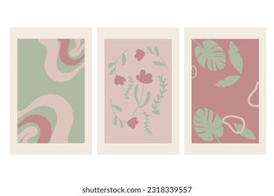 Trendy pink and green hand drawn poster set in pastel colour 