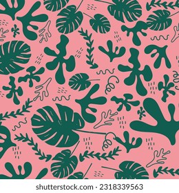 Trendy pink and green hand-drawn background on pink background