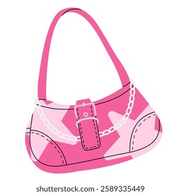 Trendy pink handbag inspired by Y2K fashion. Features a bold star pattern, stylish buckle, and chain detail. Retro style, girly accessories, early 2000s aesthetic. 90s teenagers. Isolated on white 