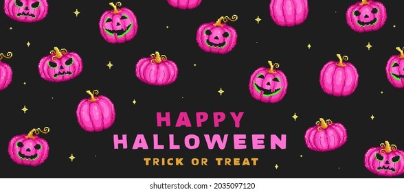 Trendy Pink Happy Halloween banner or poster background in retro 8 bit pixel art style. Modern vector pixelated art halloween background with pumpkin jack. Halloween poster with fancy pink colors.