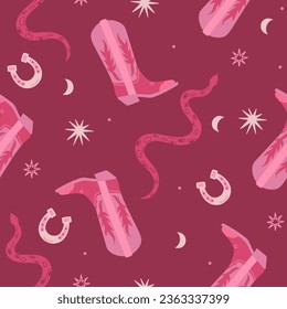 Trendy pink seamless pattern with cowboy boots, snakes and horseshoes. Vector graphics.