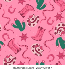 Trendy pink seamless pattern with cowboy boots, snakes, hats, cacti. Vector graphics.