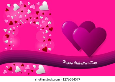 Trendy pink vector on love theme showing two pink hearts in the right side of the vector. Many small hearts with a free place for your text are in the left side.The purple wave is under them.