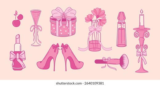 A trendy, pink vintage flirty set. Vector illustration for wedding invitations, greeting cards and more with bows and ribbons.