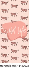 Trendy pink wild life pattern wallpaper for smartphone. Print design. Leopard vector illustration.