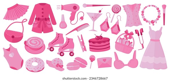 Trendy pinkcore, barbiecore elements set, 2000s style. Pink colors clothes, accessories and sweets and drinks