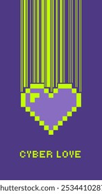 Corazón de píxel de moda en estilo de moda Y2k. Etiqueta aislada colorida Cyber Love. Una gran pegatina. Antiguas arcade juegos de ordenador tarjeta de estética. Estilo futurista moderno, pixel art en colores neón. Redes sociales