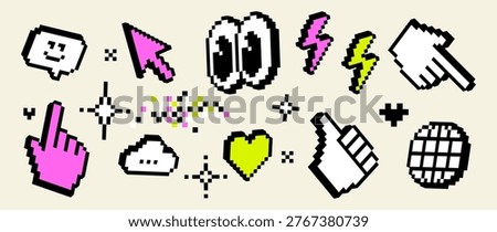 Trendy pixel icon set with cursor, hand, like, heart, globe, chat and lightning symbols. Retro 8-bit style UI elements for social media, apps, digital communication and modern interface design