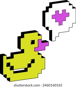 Trendy pixelated Y2k sticker. Rubber yellow duck with love bubble. Retro Pixel style. Isolated graphic element, 3D Simple style voxel art