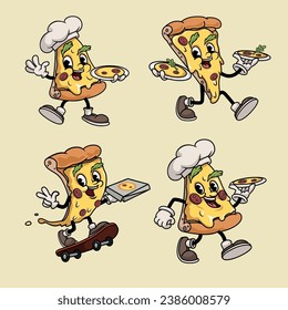 Trendy Pizza cartoon characters set. Retro vintage style. Best for pizza delivery deisgns and logos. Vector illustrations.