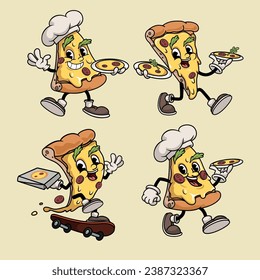 Personajes de dibujos animados de moda Pizza. Estilo retro vintage. Lo mejor para diseños y logotipos de entrega de pizzas. Ilustraciones vectoriales.