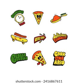 Trendy pizza, cooking, skateboard in retro vintage mascot character collection.