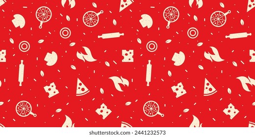 Elementos de pizza de moda patrón repetitivo con estilo grunge. Ilustración vectorial adecuada para impresiones.