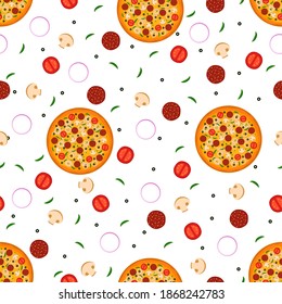 Trendy pizza pattern with flat drawn pizza. Seamless pattern for fabric, wallpapers, wrapping paper, plates cards and web backgrounds