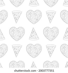 Trendy pizza pattern with hand drawn pizza slices. Cute vector black and white pizza pattern. Seamless monochrome pizza pattern.