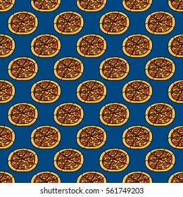 Trendy pizza pattern with hand drawn pizza. Cute vector colorful pizza pattern. Seamless pizza pattern for fabric, wallpapers, wrapping paper, cards and web backgrounds.