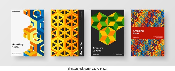 Trendy placard A4 design vector illustration bundle. Colorful geometric tiles company identity layout collection.