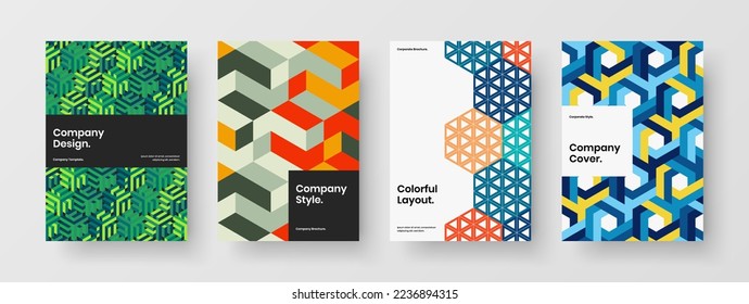 Trendy Platine A4 Vektorgrafik Set. Einzigartige Mosaikhexagons Corporate Cover Layout Bundle.