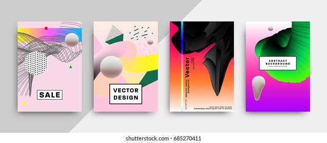 Trendy placard covers with abstract liquid bubbles shapes, 80s memphis geometric style flat and 3d design elements. Retro art for banners, flyers and posters. Eps10 vector illustrations.