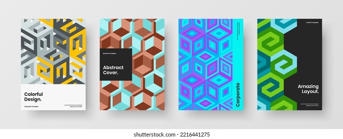 Trendy placard vector design illustration set. Bright mosaic hexagons pamphlet template collection.