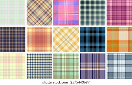 Trendy plaid fabric designs with geometric stripes, offering classic rustic charm for fashionable material prints or decorative backgrounds.