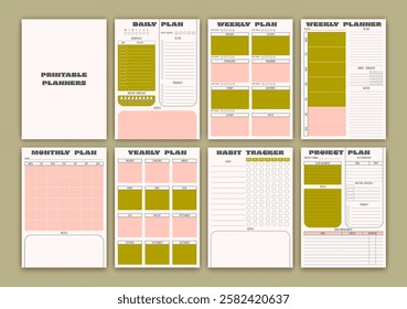 Trendy planner templates. Pages for daily, weekly, and monthly organization. Vector diary.