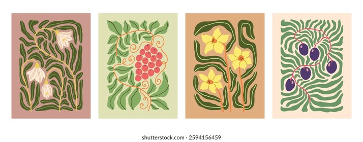 Trendy plant flowers, berries, leaves and branches. Hand painted abstract wavy floral cut out premade poster. Floral aesthetic vector poster. Modern gallery art botanical print