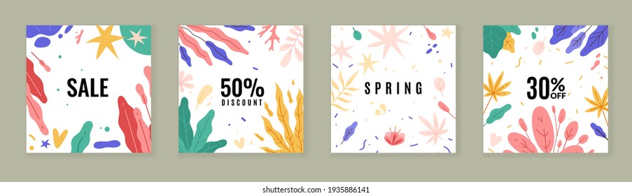 Trendy Plants Posters. Abstract Floral Sale Banners, Spring And Summer Discounts Cards, Tropical Flowers Brochure, Modern Design. Vector Set