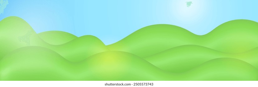 Paisaje 3D de plástico de moda. Fondo ancho verde con campo de verano, cielo azul y resplandor soleado