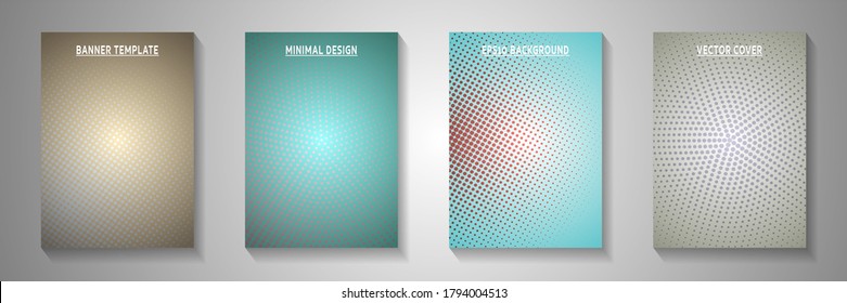 Trendy point perforated halftone front page templates vector set. Urban journal faded halftone backdrops. Vintage cartoon comics style cover page leaflets. Linear design.