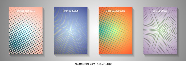 Trendy point perforated halftone front page templates vector batch. Corporate journal faded halftone backdrops. Retro manga comics style cover page leaflets. Matrix elements.
