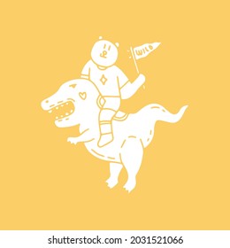 Trendy polar bear holding flags and ride a dinosaur illustration. Vector graphics for t-shirt prints and other uses.