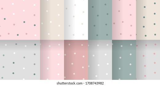 Trendy polka dot pattern collection, seamless vector texture, trendy 2020 fashion prints in minimal pastel colors, muted pink, green and grey palette, good as wrapping paper or fabric ornament