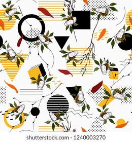 Trendy polka dots seamless pattern with bohemian hand drawn flowers. Blooming wild floral memphis print. Vector illustration