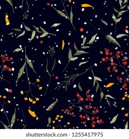Trendy polka dots seamless pattern with bohemian hand drawn flowers. Blooming wild floral memphis print. Vector illustration