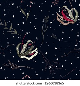 Trendy polka dots seamless pattern with bohemian hand drawn flowers. Blooming wild floral memphis print. Vector illustration