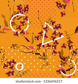 Trendy polka dots seamless pattern with bohemian hand drawn flowers. Blooming wild floral memphis print. Vector illustration