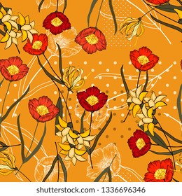 Trendy polka dots seamless pattern with bohemian hand drawn flowers. Blooming wild floral memphis print. Vector illustration