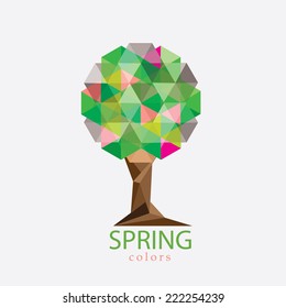 trendy polygonal low poly style spring tree vector illustration- spring colors