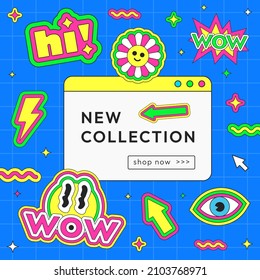 Trendy Pop Art Banner with Abstract Colorful Stickers. Cool Cute Patches Vector Design.