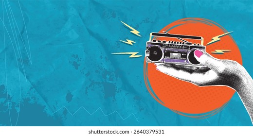 Trendy pop art collage, female hand holding retro tape recorder analog, on isolated blue background, retro grunge, dotted halftone vector cutout collage. Advertising space.