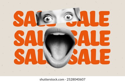 Trendy pop art collage with halftone effects featuring a shouting mouth and eyes. Bold marketing poster for sales.