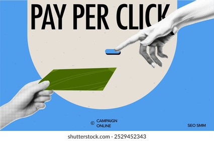 Trendy pop art collage with halftone and dadaism style for PPC banners. Vintage ecommerce concept featuring hand, money, and online transactions