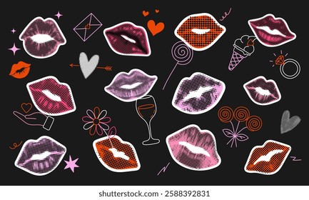 Trendy pop art collage with halftone lips, hearts, flowers, and romantic elements on a dark background. Bold and playful composition, perfect for Valentine's Day, fashion, and love themed designs.