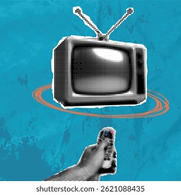 Trendy pop art collage. Halftone TV with antenna. Cut out male hand turns on TV with remote control. Modern retro textured vector illustration for design on blue paper background