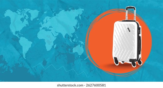 Trendy pop art collage with one suitcase in orange circle and world map on blue background. Travel and tourism concept.