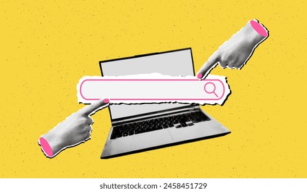 Trendy pop art collage search concept. Halftone laptop computer with search bar and cut out hands pointing on it. Modern retro textured vector illustration for mixed media design